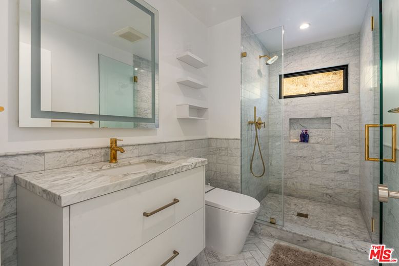 Bathroom, Glass Shower, Interior, Marble, Marble Walls, Recessed Lighting