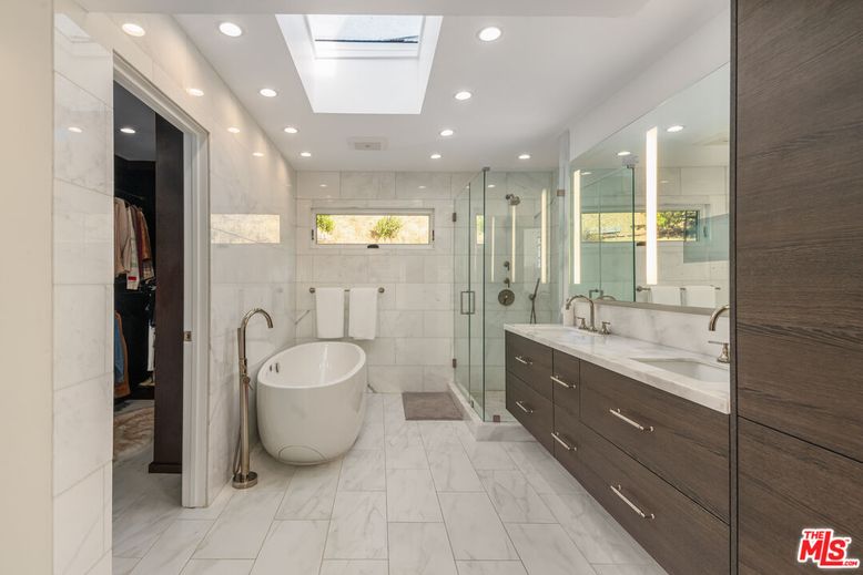 Bathroom, Dual Sink Vanities, Free Standing Baths, Glass Shower, Interior, Marble, Marble Walls, Recessed Lighting
