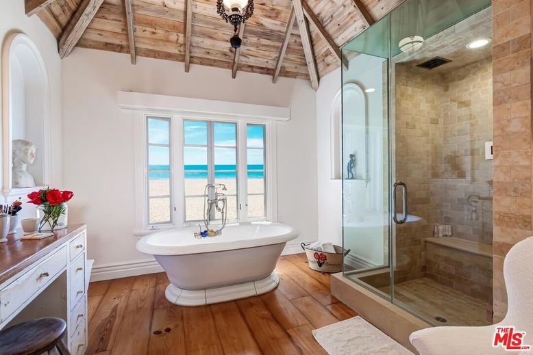 Bathroom, Free Standing Baths, Glass Shower, Interior, Stone Walls, Water, Wooden Beams, Wooden Ceilings, Wood Texture Flooring