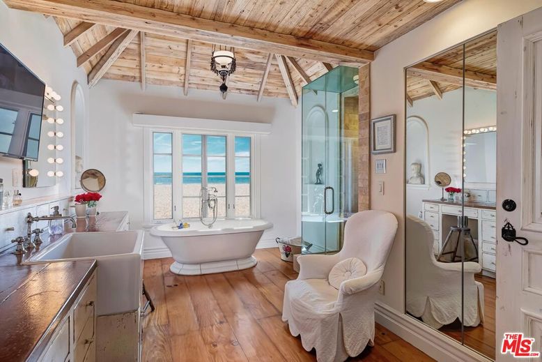 Bathroom, Free Standing Baths, Glass Shower, Interior, Wooden Beams, Wooden Ceilings, Wood Texture Flooring