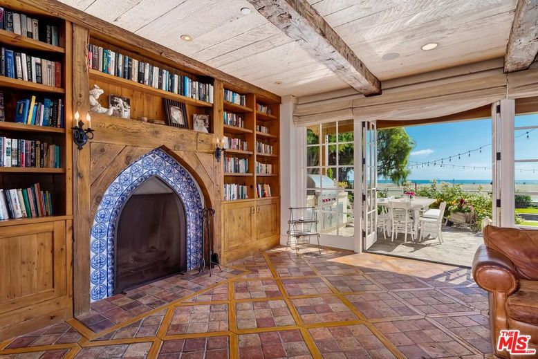 Dining room, Fireplace, Interior, Recessed Lighting, Water, Wooden Beams