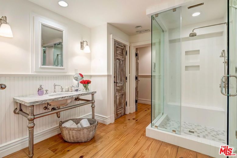 Bathroom, Glass Shower, Interior, Recessed Lighting, Wood Texture Flooring