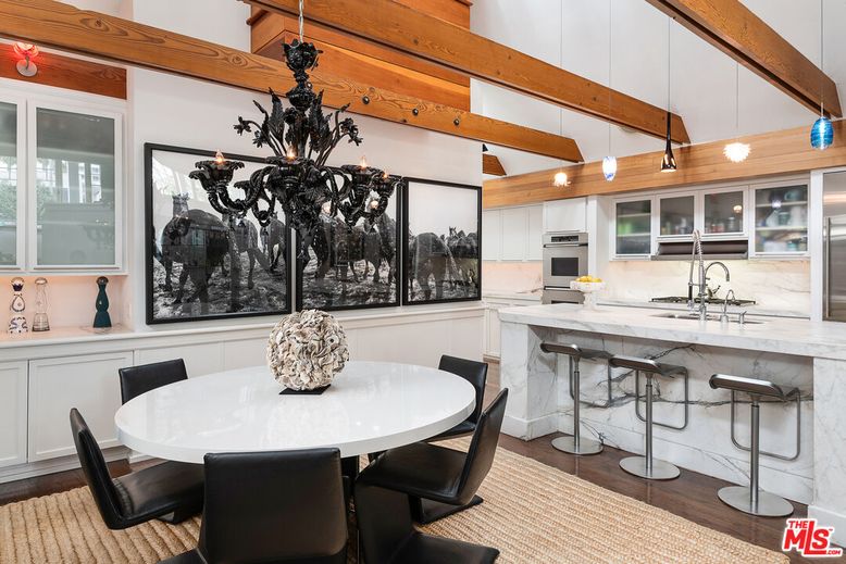 Chandelier, Dining room, Interior, Kitchen, Pendant Lights, Stainless Steel Appliances, Wooden Beams, Wood Texture Flooring