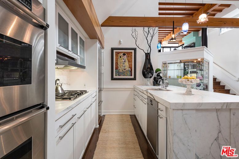 Interior, Kitchen, Pendant Lights, Stainless Steel Appliances, Wooden Beams, Wood Texture Flooring