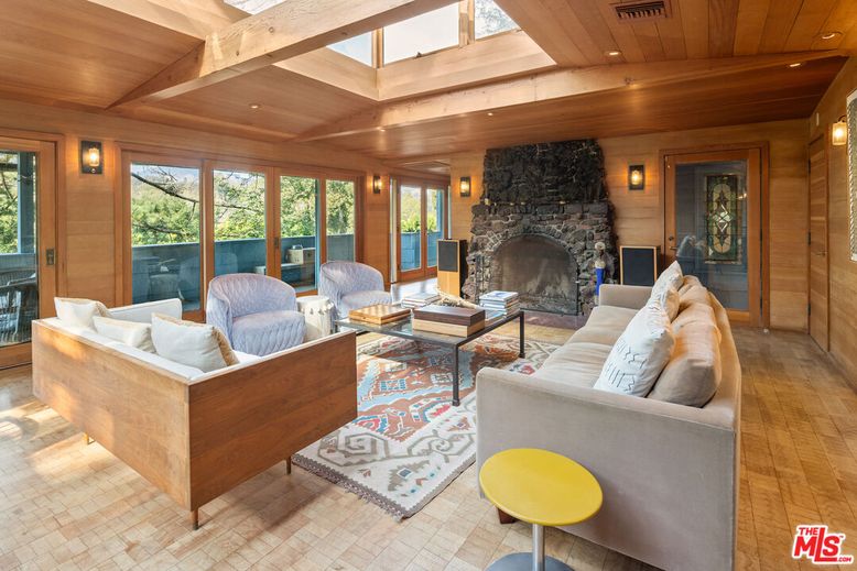 Fireplace, Interior, Living room, Recessed Lighting, Stone Walls, Wooden Beams, Wooden Ceilings, Wood Texture Flooring