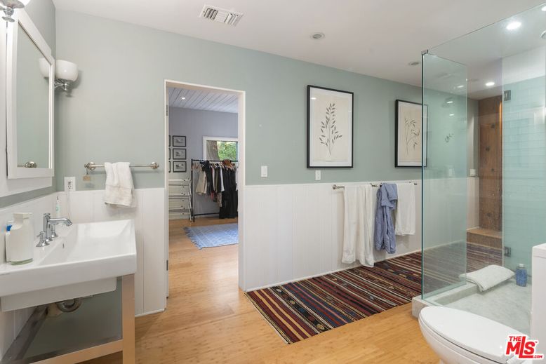 Bathroom, Glass Shower, Interior, Recessed Lighting, Wood Texture Flooring