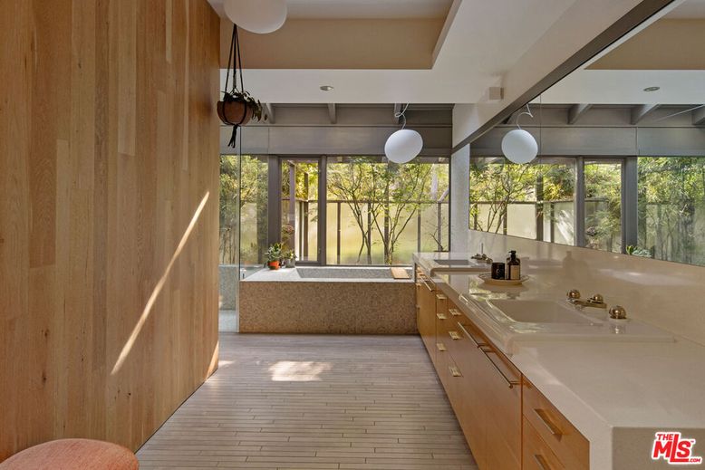 Bathroom, Dual Sink Vanities, Interior, Pendant Lights, Wood Texture Flooring