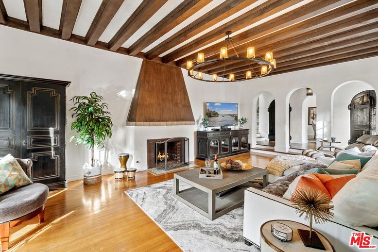 Chandelier, Fireplace, Interior, Living room, Wooden Beams, Wood Texture Flooring