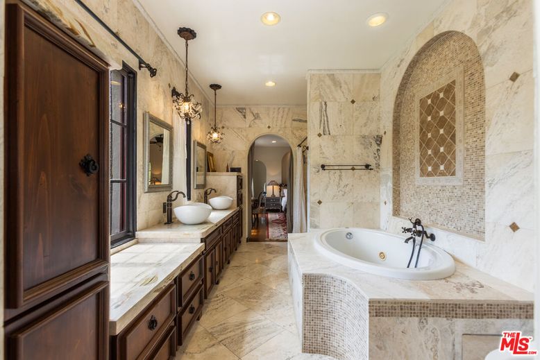 Bathroom, Dual Sink Vanities, Interior, Marble Walls, Pendant Lights, Recessed Lighting