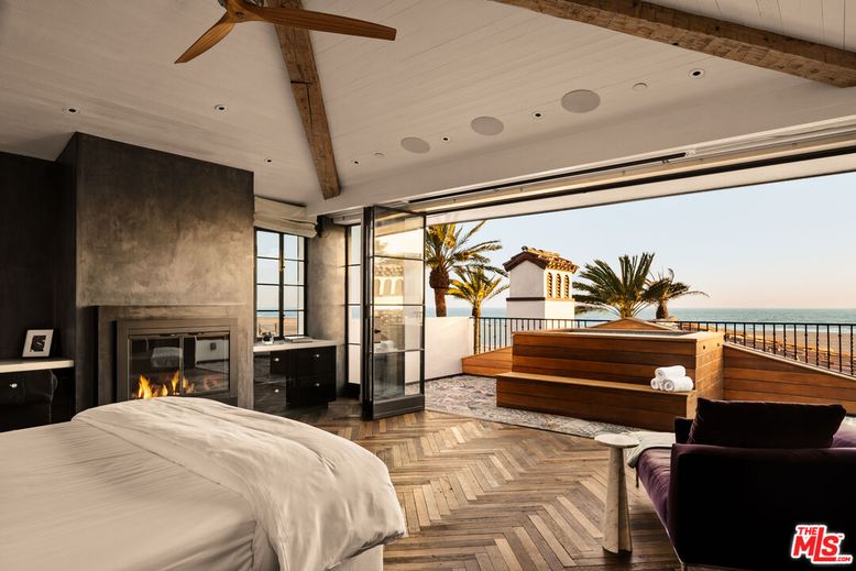 Bedroom, Fireplace, Interior, Recessed Lighting, Water, Wooden Beams, Wood Texture Flooring