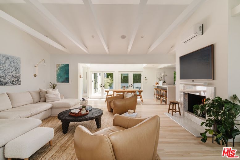 Dining room, Fireplace, Interior, Living room, Recessed Lighting, Wood Texture Flooring