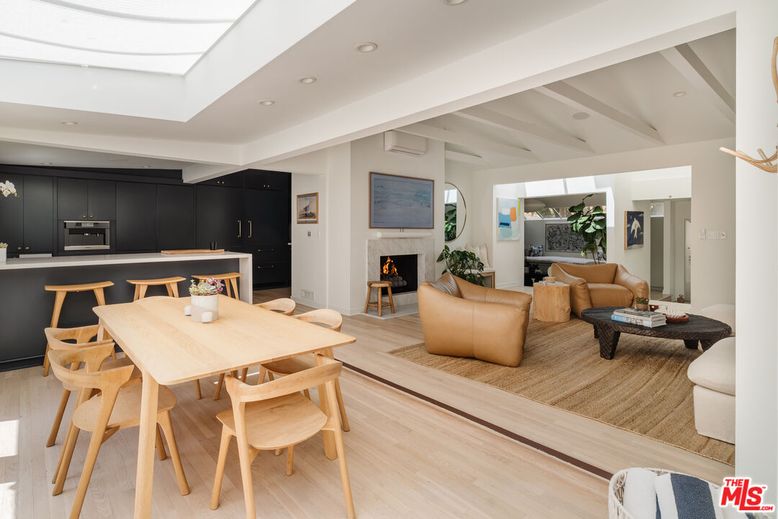 Dining room, Fireplace, Interior, Kitchen, Living room, Recessed Lighting, Wood Texture Flooring
