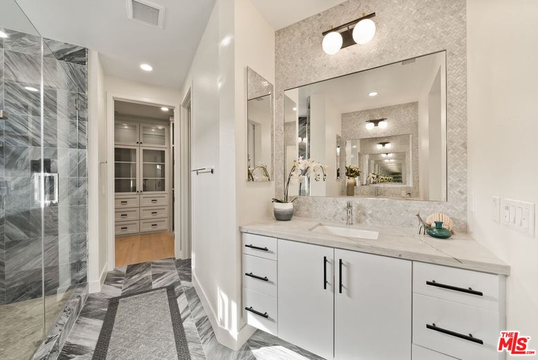 Bathroom, Dual Sink Vanities, Glass Shower, Interior, Recessed Lighting, Wood Texture Flooring