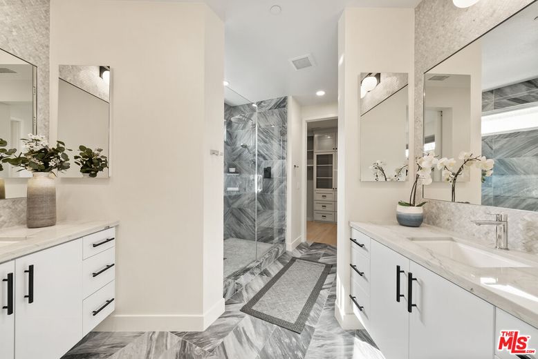 Bathroom, Dual Sink Vanities, Glass Shower, Interior, Marble, Marble Walls, Recessed Lighting