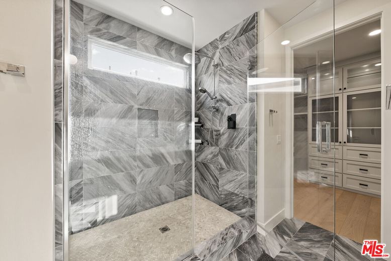 Bathroom, Glass Shower, Interior, Marble Walls, Recessed Lighting, Wood Texture Flooring