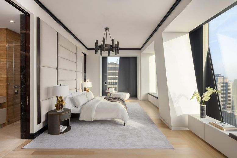 Bedroom, Interior, Pendant Lights, Recessed Lighting, Wood Texture Flooring