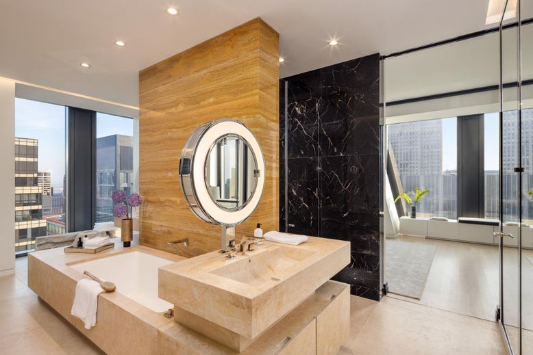 Bathroom, Dual Sink Vanities, Glass Shower, Interior, Marble Walls, Recessed Lighting