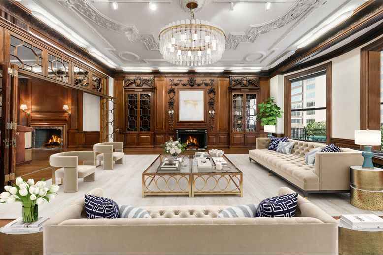 Chandelier, Fireplace, Interior, Living room, Recessed Lighting, Wood Texture Flooring