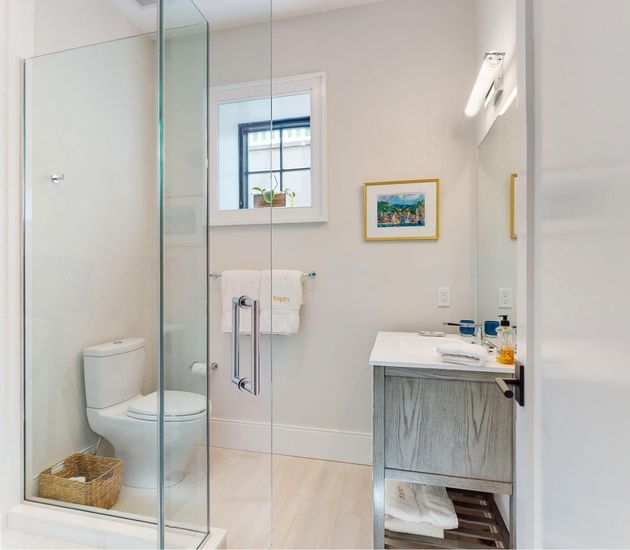 Bathroom, Glass Shower, Interior, Wood Texture Flooring