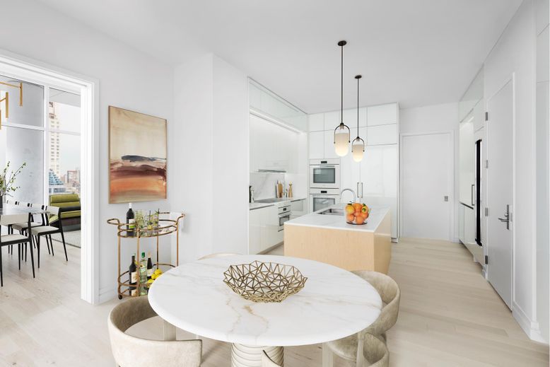 Dining room, Interior, Kitchen, Pendant Lights, Stainless Steel Appliances, Wood Texture Flooring