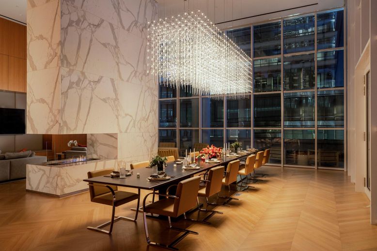 Chandelier, Dining room, Interior, Marble Walls, Pendant Lights, Wood Texture Flooring