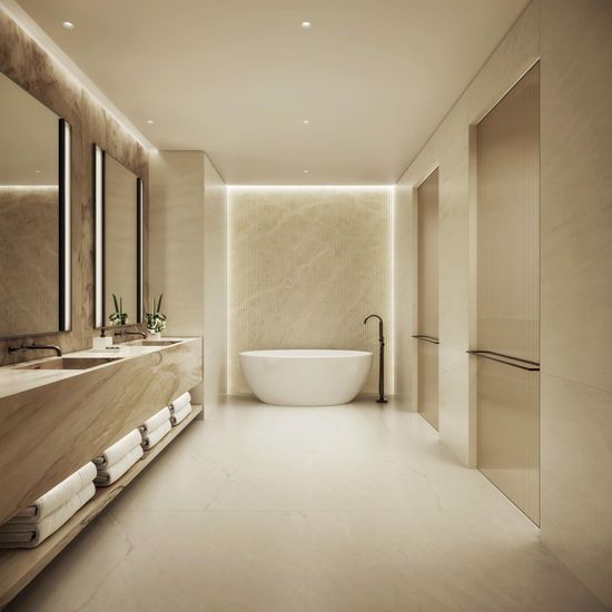 Bathroom, Dual Sink Vanities, Free Standing Baths, Interior, Marble, Recessed Lighting