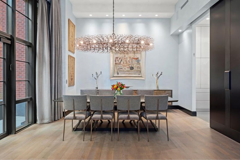 Chandelier, Dining room, Interior, Pendant Lights, Recessed Lighting, Wood Texture Flooring