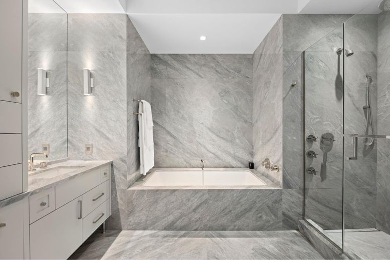 Bathroom, Dual Sink Vanities, Glass Shower, Interior, Marble Walls, Recessed Lighting