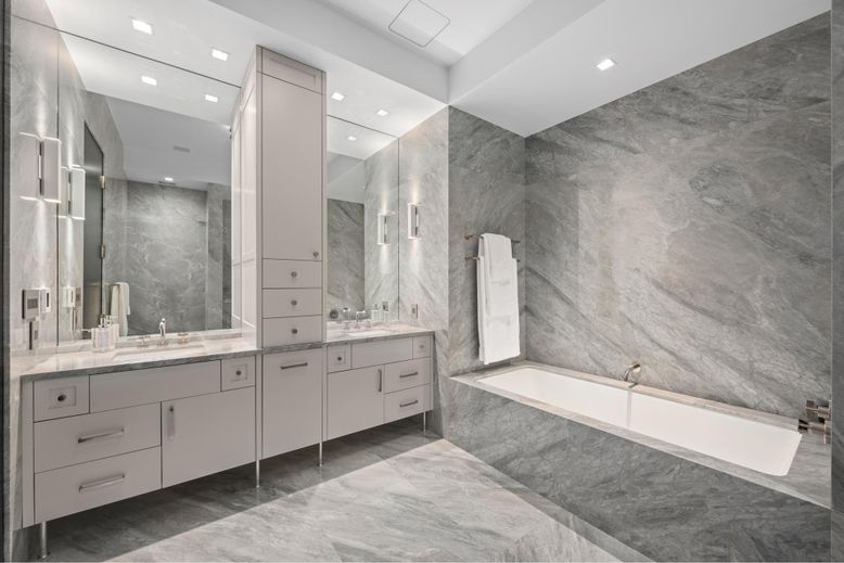 Bathroom, Dual Sink Vanities, Interior, Marble Walls, Recessed Lighting