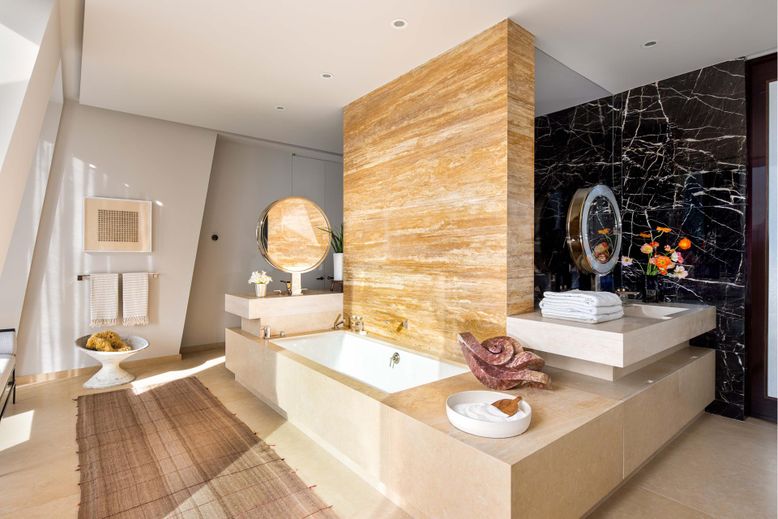 Bathroom, Dual Sink Vanities, Interior, Marble Walls, Recessed Lighting