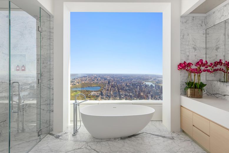 Bathroom, Free Standing Baths, Glass Shower, Interior, Marble, Marble Walls