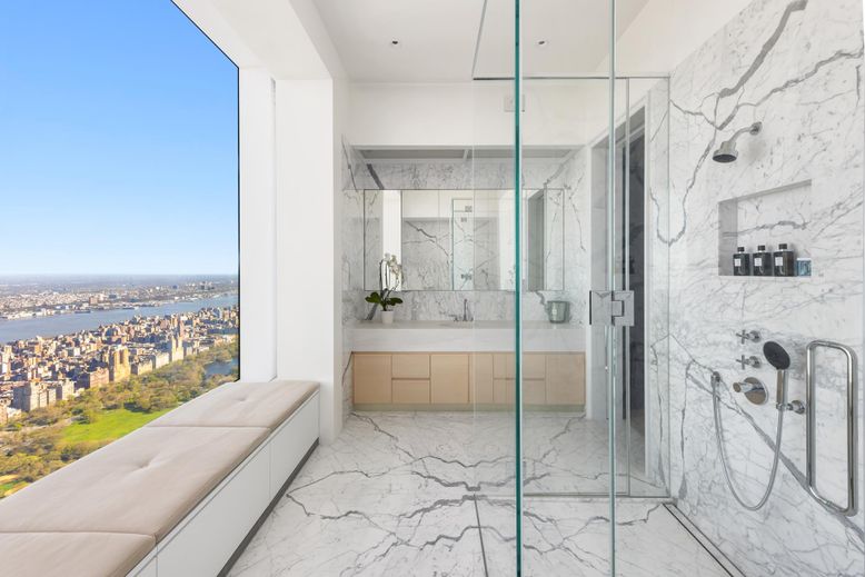 Bathroom, Glass Shower, Interior, Marble, Marble Walls, Recessed Lighting, Water