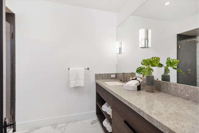 Bathroom, Dual Sink Vanities, Interior, Marble, Recessed Lighting