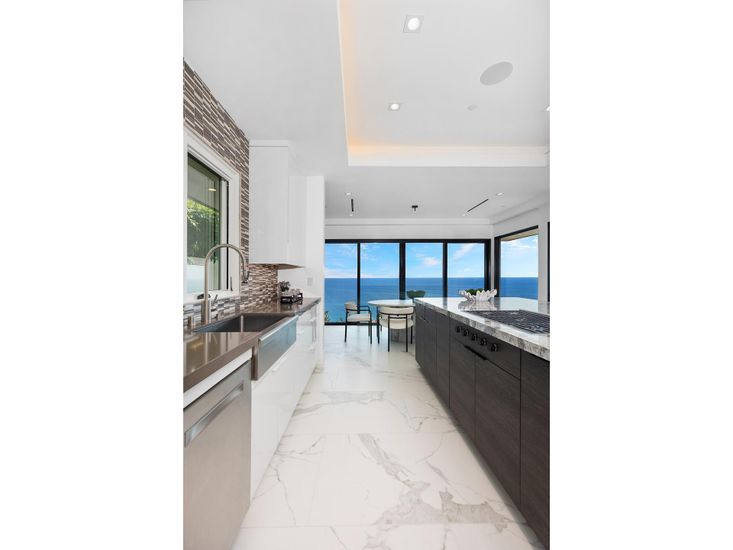 Interior, Kitchen, Marble, Recessed Lighting, Stainless Steel Appliances, Water