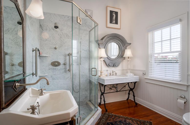 Bathroom, Glass Shower, Interior, Marble Walls, Wood Texture Flooring