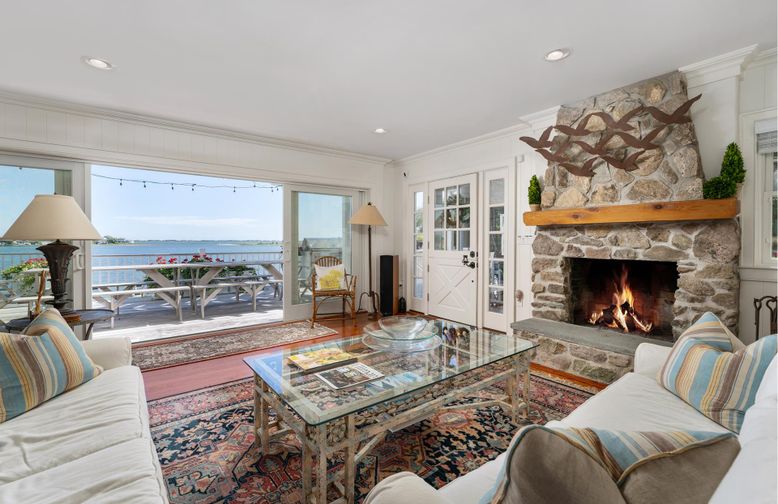 Fireplace, Interior, Living room, Recessed Lighting, Stone Walls, Water