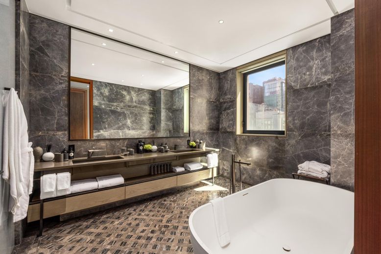 Bathroom, Dual Sink Vanities, Free Standing Baths, Interior, Marble Walls, Recessed Lighting