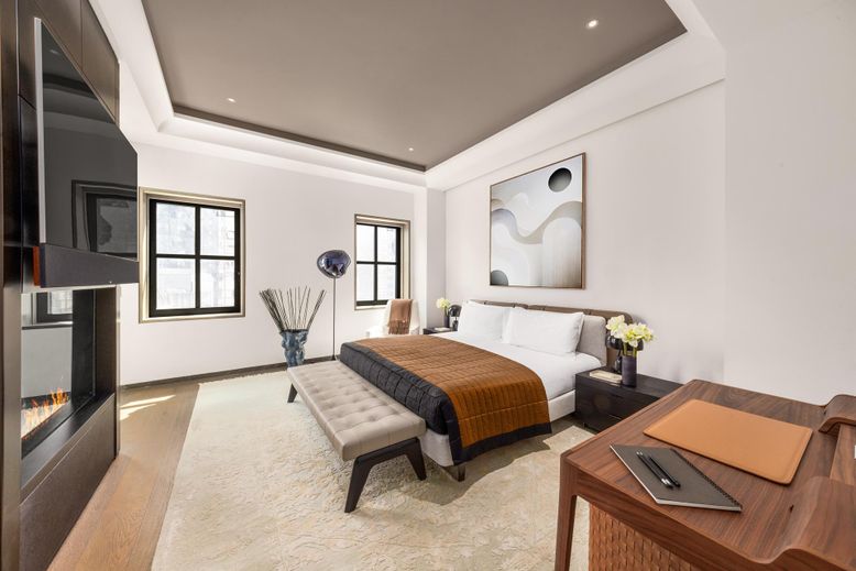 Bedroom, Fireplace, Interior, Recessed Lighting, Wood Texture Flooring
