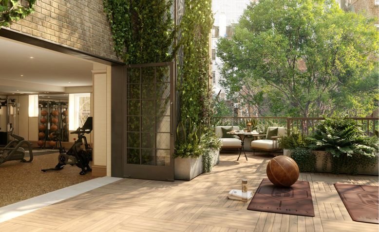 Fitness Equipment, Interior, Recessed Lighting, Stone Walls, Wood Texture Flooring