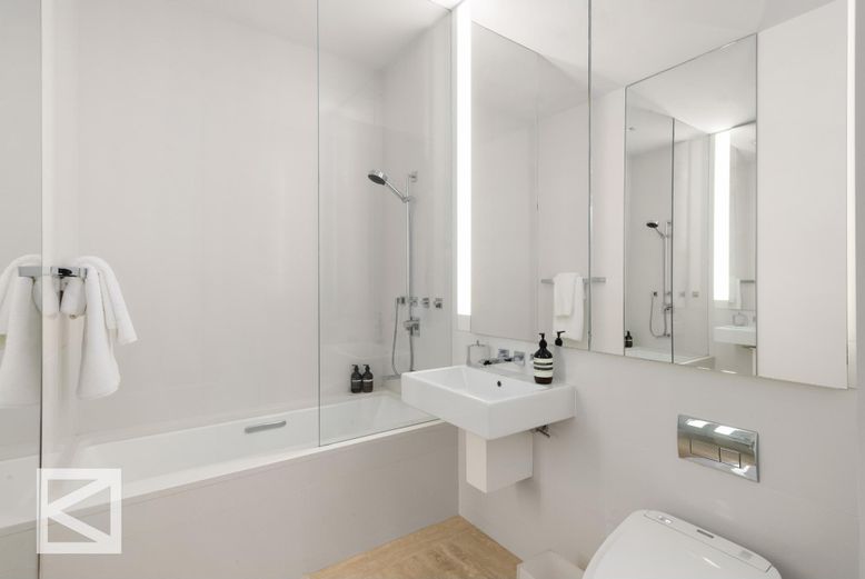 Bathroom, Glass Shower, Interior, Wood Texture Flooring