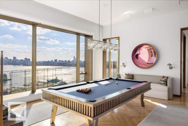 Billiard Table, Game Room, Interior, Pendant Lights, Water, Wood Texture Flooring