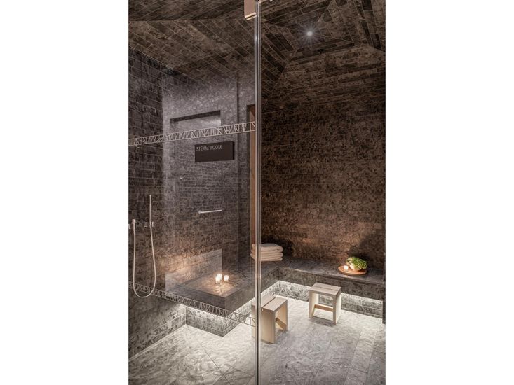 Bathroom, Fireplace, Glass Shower, Interior, Recessed Lighting