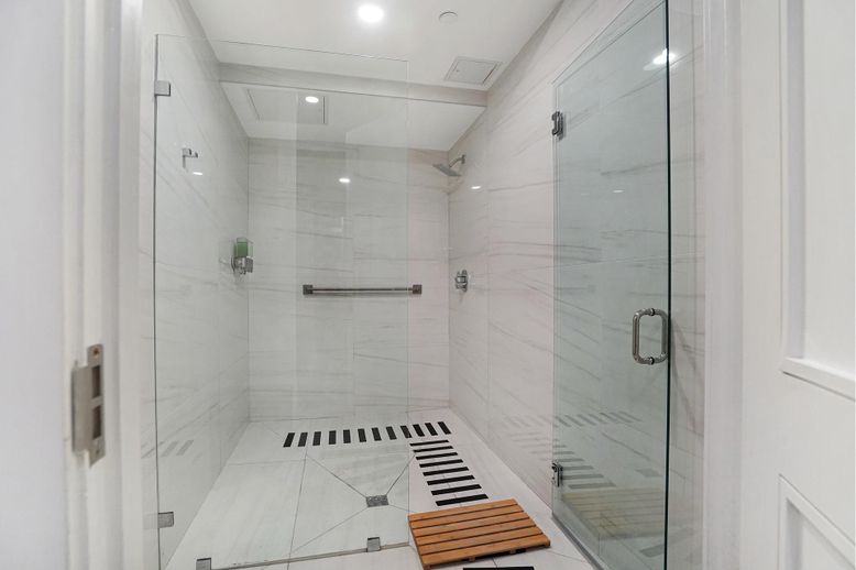 Bathroom, Glass Shower, Interior, Marble Walls, Recessed Lighting