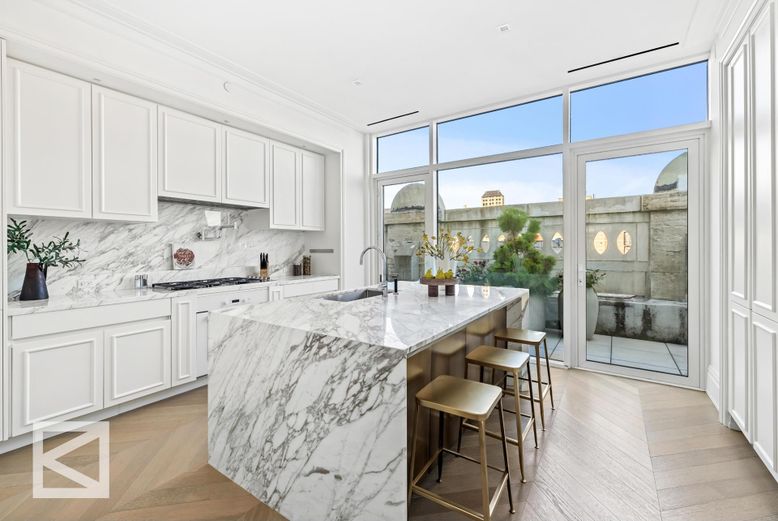 Interior, Kitchen, Marble Walls, Recessed Lighting, Wood Texture Flooring