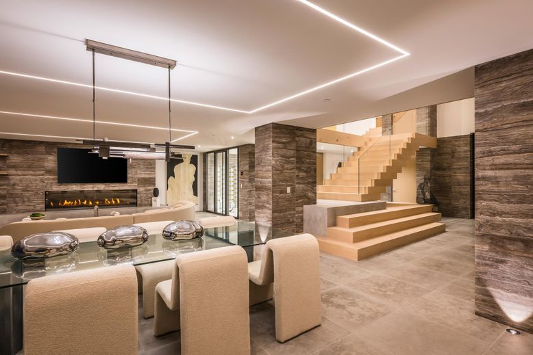 Dining room, Fireplace, Interior, Recessed Lighting, Stone Walls