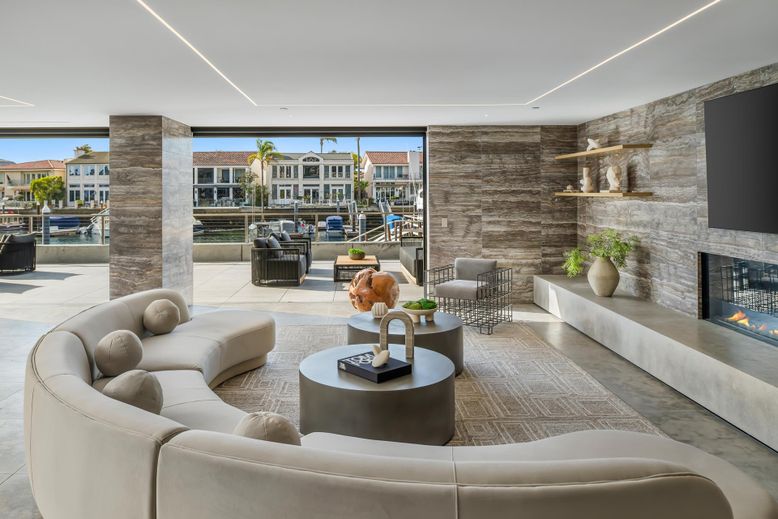 Fireplace, Interior, Living room, Recessed Lighting, Stone Walls