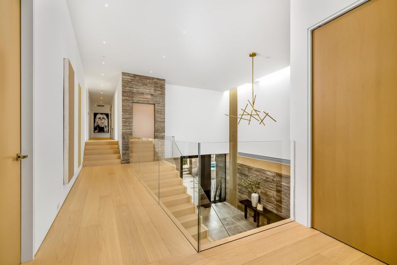 Interior, Pendant Lights, Recessed Lighting, Stone Walls, Wood Texture Flooring