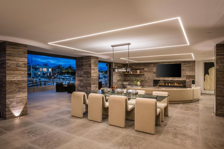Dining room, Fireplace, Interior, Living room, Pendant Lights, Recessed Lighting, Stone Walls