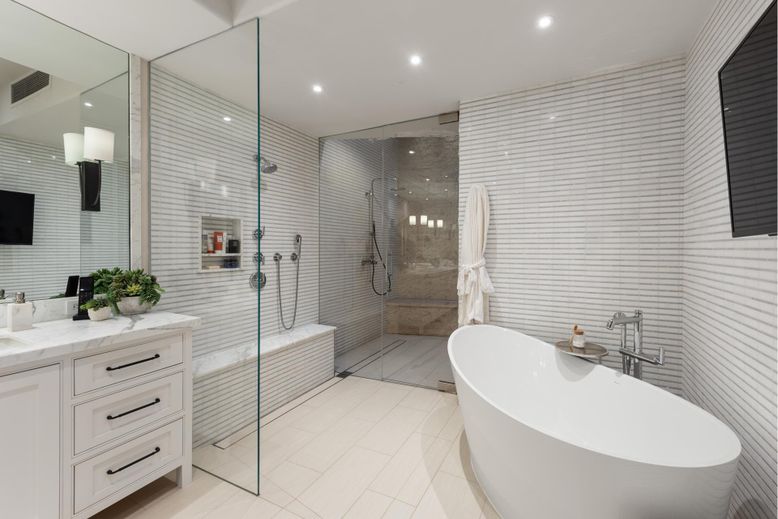 Bathroom, Dual Sink Vanities, Free Standing Baths, Glass Shower, Interior, Recessed Lighting