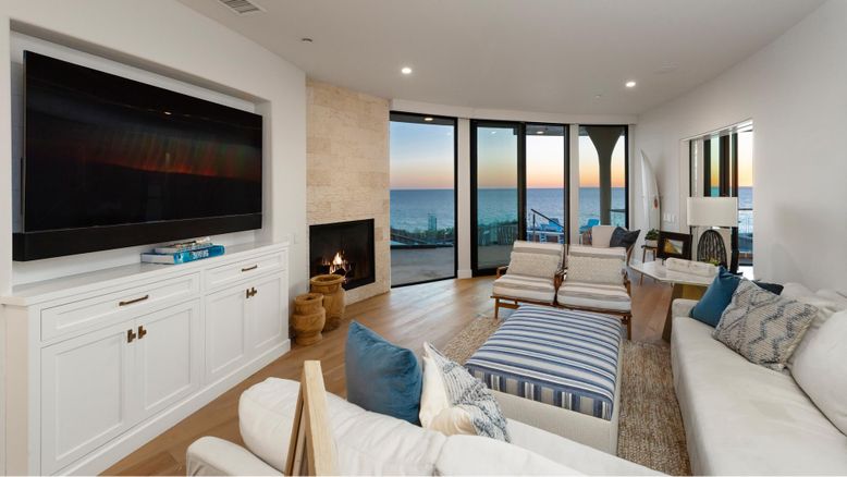 Fireplace, Interior, Living room, Recessed Lighting, Water, Wood Texture Flooring